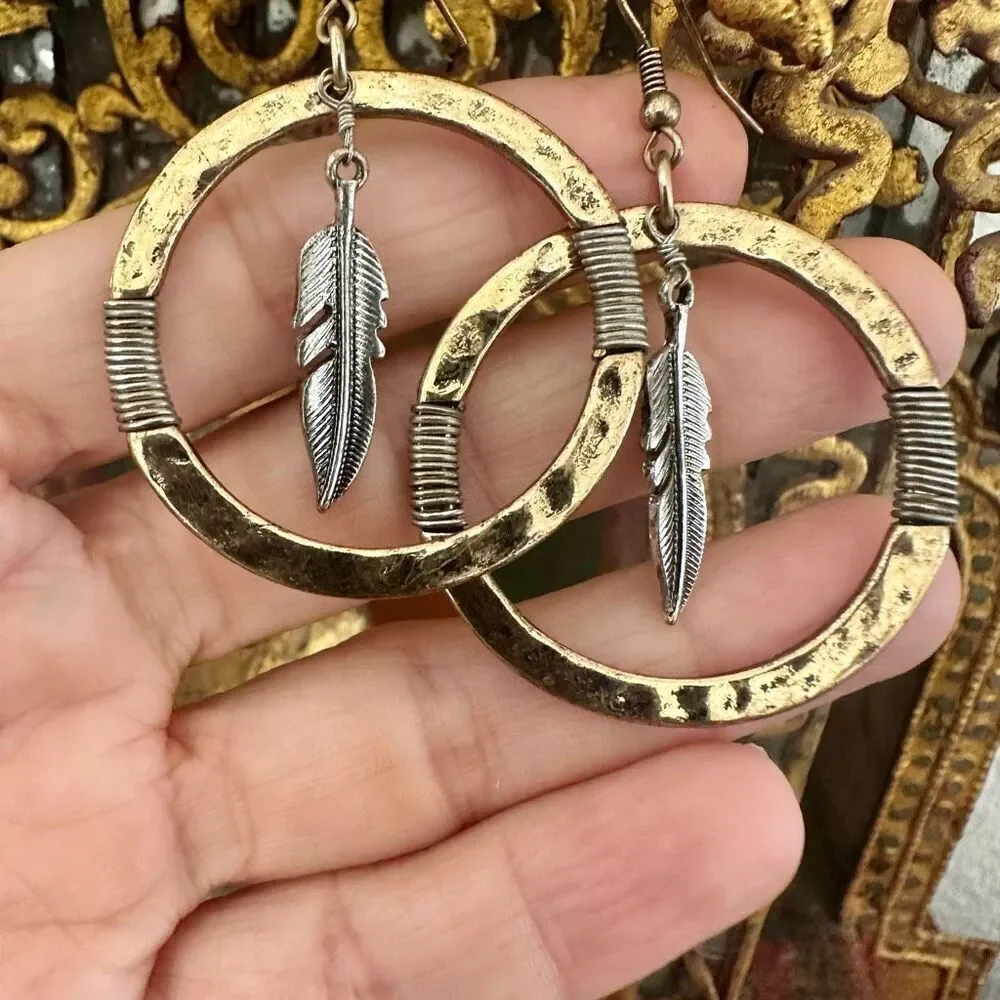 Silver/Gold tone feather circle earrings